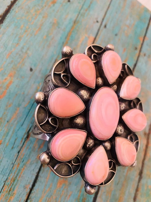 Navajo Queen Pink Conch Shell & Sterling Silver Cluster Cuff Bracelet Signed