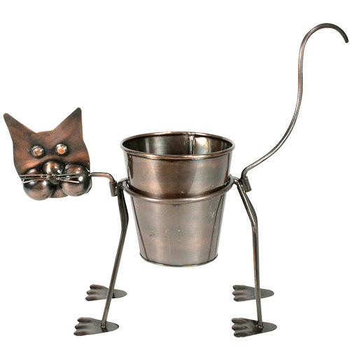 <center>Curious Cat Plant Stand </br>Crafted by Artisans in India </br>Both head and tail can rotate on a swivel</center>