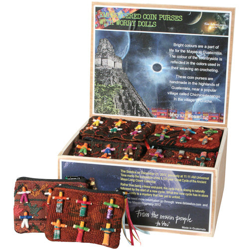 <center>Worry Doll Coin Purses Display Box </br>Crafted by Artisans in Guatemala </br>Box measures 3-3/4” high x 8-1/4” wide x 7-1/2” deep, holds 36 pieces</center>