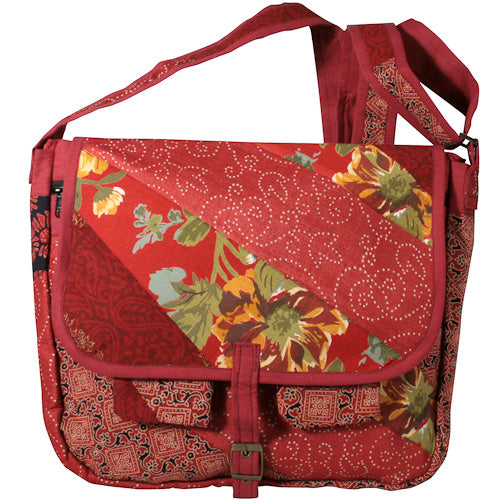 <center>Burgundy and Red Patchwork Messenger Bag </br>Crafted by Artisans in India </br>Measures 13” high x 15-1/4” wide x 3” deep</center>