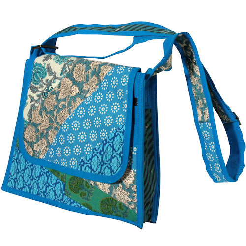 <center>Blue and Green Patchwork Shoulder Bag </br>Crafted by Artisans in India </br>Measures 11” high x 12” wide x 2-1/2” deep at base</center>