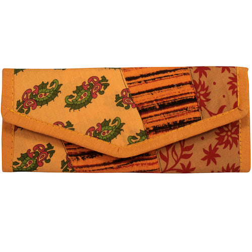 <center>Yellow Tone Patchwork Clutch </br>Crafted by Artisans in India </br>Measures 3-1/2” x 8-1/2” when closed</center>