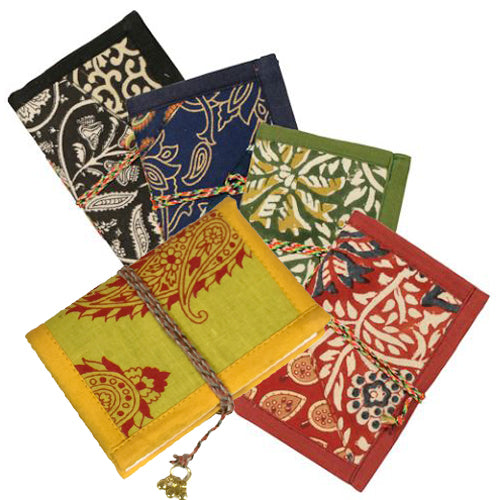 <center>Small Patchwork Journals with Recycled Fabric Covers</br>Crafted by Artisans in India </br>Measures 5” high x 3-1/2” wide x 48 sheets</center>