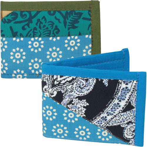 <center>Blue and Green Patchwork Wallets </br>Crafted by Artisans in India </br>Measure 3-1/2” x 4-1/2” when closed</center>