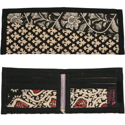 <center>Black and White Patchwork Wallet, front and back </br>Crafted by Artisans in India </br>Measures 3-1/2” x 4-1/2” when closed</center>