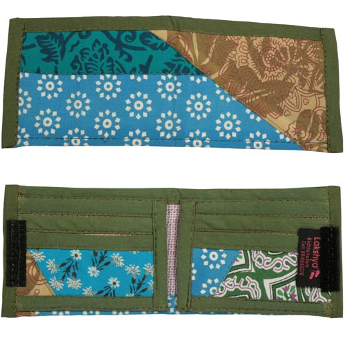 <center>Blue and Green Patchwork Wallet, front and back </br>Crafted by Artisans in India </br>Measures 3-1/2” x 4-1/2” when closed</center>