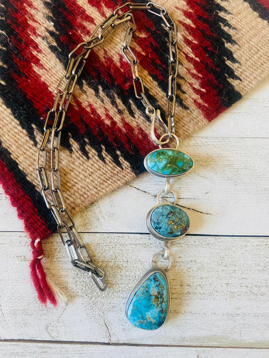 Navajo Sterling Silver & Three Stone Kingman Turquoise Lariat Necklace