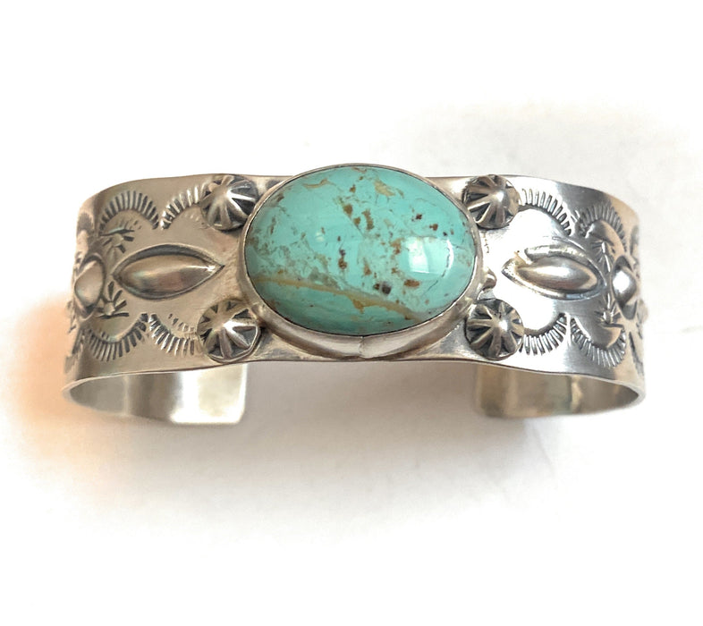 Navajo Sterling Silver & Carico Lake Turquoise Cuff Bracelet Signed