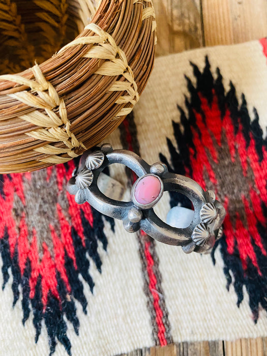 Navajo Queen Pink Conch Shell & Sterling Silver Cuff Bracelet By Chimney Butte