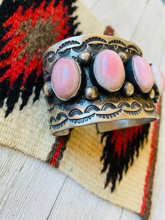 Navajo Queen Pink Conch Shell & Sterling Silver Cuff Bracelet Signed