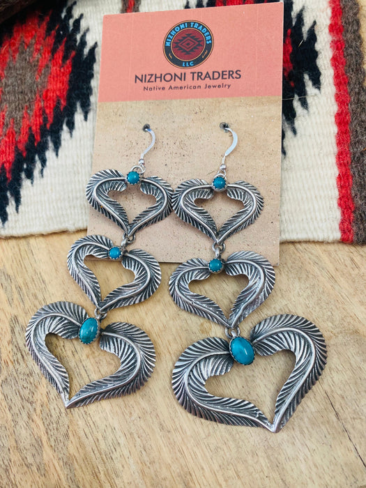 Navajo Turquoise & Sterling Silver Feather Heart Dangle Earrings - Culture Kraze Marketplace.com