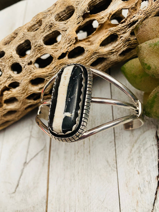 Navajo Sterling Silver & Zebra Jasper Cuff Bracelet Signed