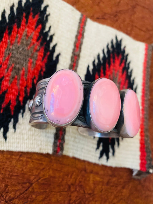 Navajo Queen Pink Conch Shell & Sterling Silver Cuff Bracelet By Chimney Butte