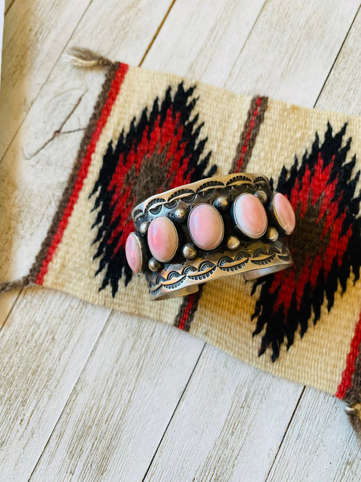 Navajo Queen Pink Conch Shell & Sterling Silver Cuff Bracelet Signed