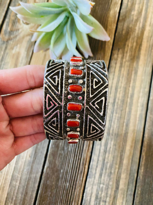 Navajo Coral & Sterling Silver Cuff Bracelet By Steve Arviso