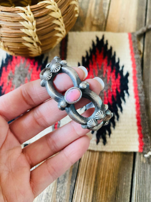 Navajo Queen Pink Conch Shell & Sterling Silver Cuff Bracelet By Chimney Butte