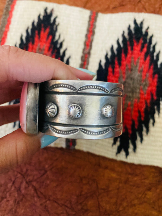 Navajo Queen Pink Conch Shell & Sterling Silver Cuff Bracelet By Chimney Butte