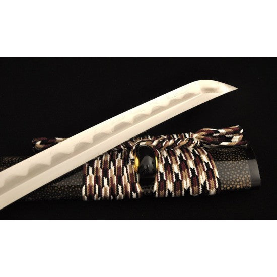 Samurai Japanese Wakizashi Sword Folded Steel + 1095 Steel Clay Tempered KOBUSE Blade Full Rayskin Saya