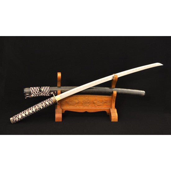 Samurai Japanese Wakizashi Sword Folded Steel + 1095 Steel Clay Tempered KOBUSE Blade Full Rayskin Saya