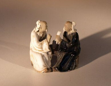 Ceramic Figurine Two Men Sitting On A Bench - 2.5" Color: White & Blue - Culture Kraze Marketplace.com