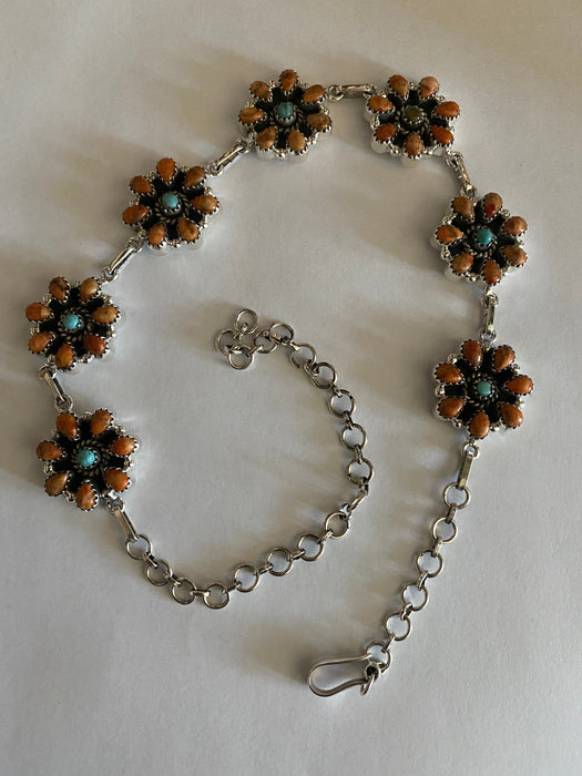 Hand Made Sterling Silver Orange Spiny & Royston Turquoise Choker Necklace