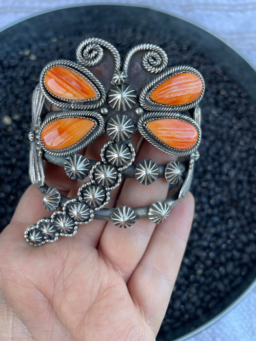 Navajo Sterling Silver And Orange Spiny Dragonfly Cuff Bracelet By K Billah