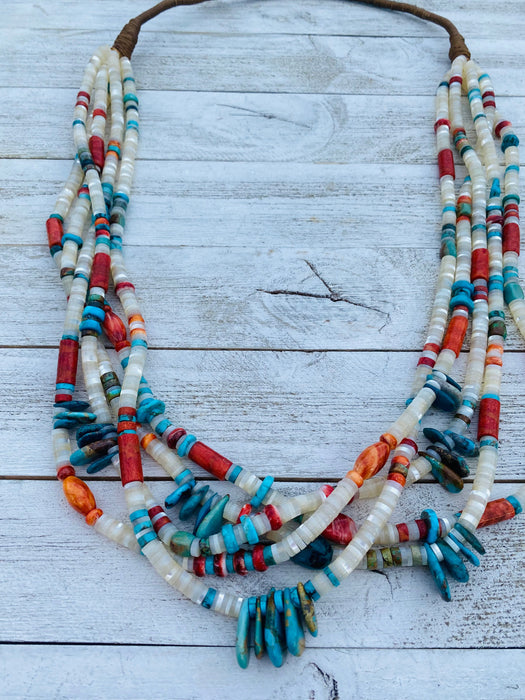 Navajo Mother of Pearl, Turquoise and Spiny Five Strand Beaded Necklace - Culture Kraze Marketplace.com