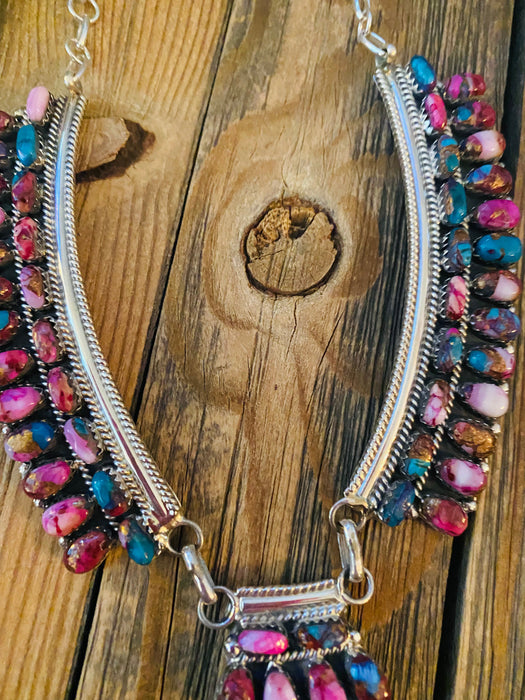 Navajo Sterling Silver & Pink Dream Mohave Cluster Necklace Signed