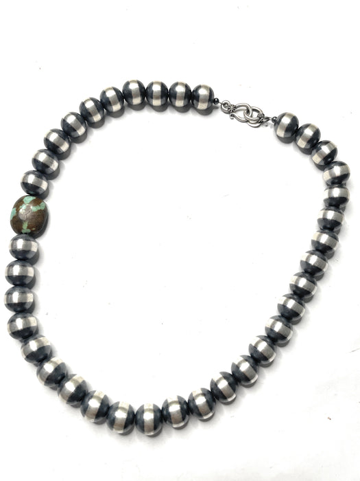 Navajo Sterling Silver Pearl 12mm Beaded Necklace With Natural #8 Stone 18 inch - Culture Kraze Marketplace.com