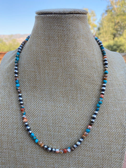 Navajo Turquoise & Spiny Spice Sterling Silver Beaded Necklace 20 inch