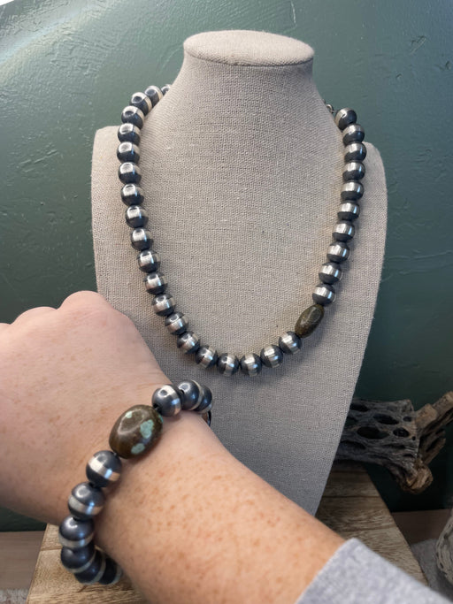 Navajo Sterling Silver Pearl 12mm Beaded Necklace With Natural #8 Stone 18 inch - Culture Kraze Marketplace.com