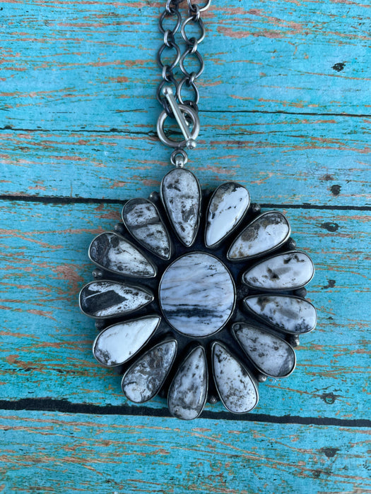 Navajo Sterling Silver And White Buffalo Cluster Necklace By Ella Peters