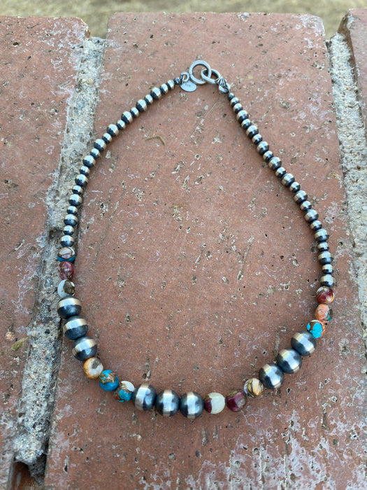 Navajo Turquoise & Spiny Spice Sterling Silver Beaded Necklace 14 inch