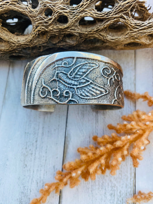 Vintage Navajo Sterling Silver Tufa Cast Hummingbird Cuff Bracelet