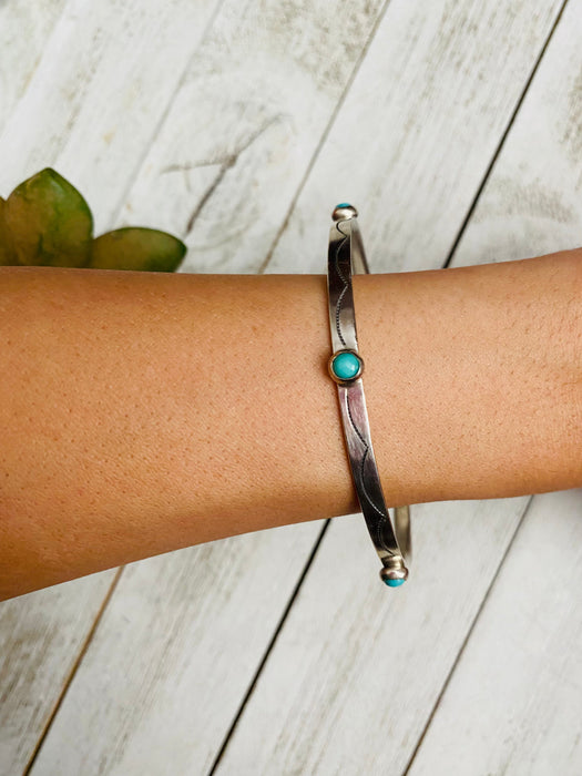 Navajo Hand Stamped Sterling Silver & Turquoise Bangle Bracelet