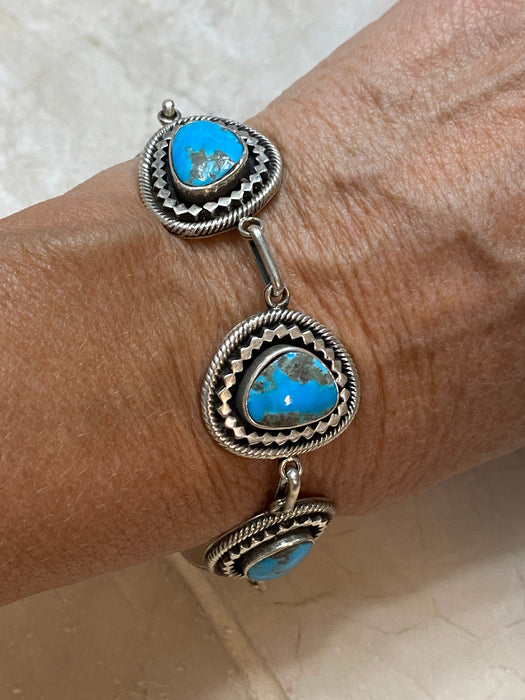 Navajo Sweet Kingman Turquoise & Sterling Silver Twist  Link Bracelet