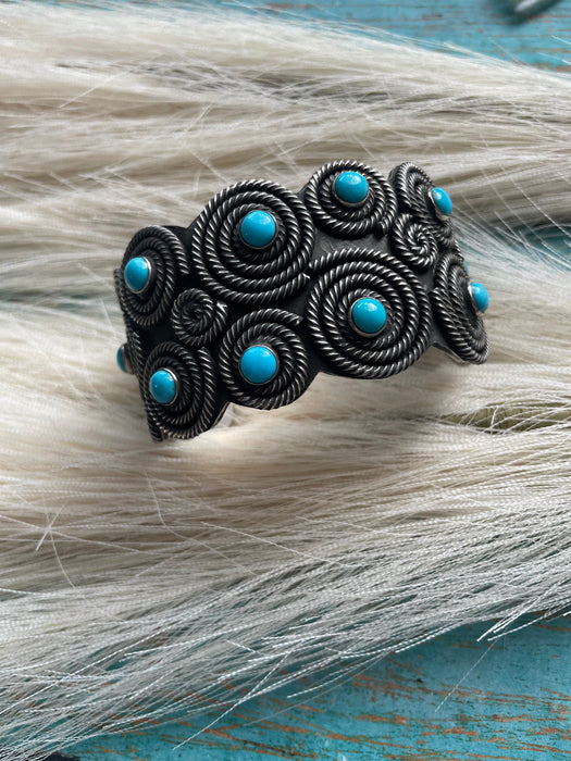 Leander Tahe Turquoise & Sterling Silver Spiral Navajo Bracelet Signed