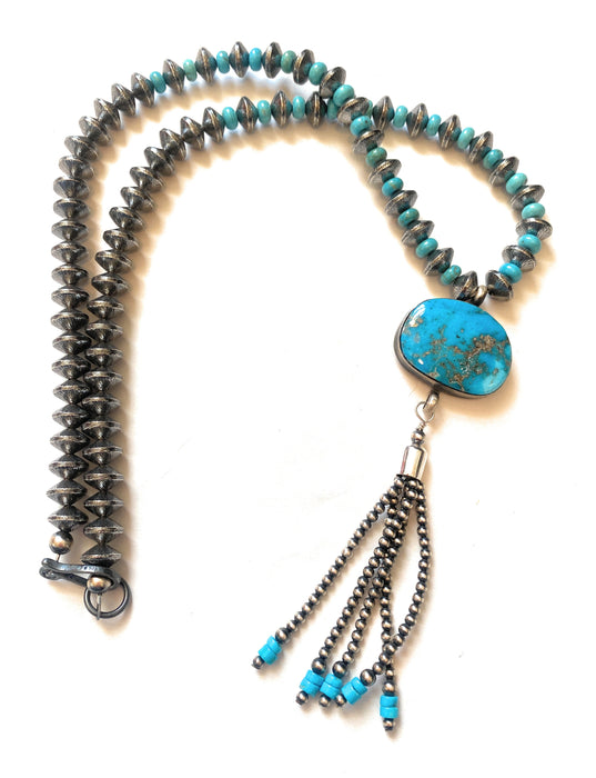 Navajo Turquoise & Sterling Silver Pearl Beaded Tassel Necklace - Culture Kraze Marketplace.com