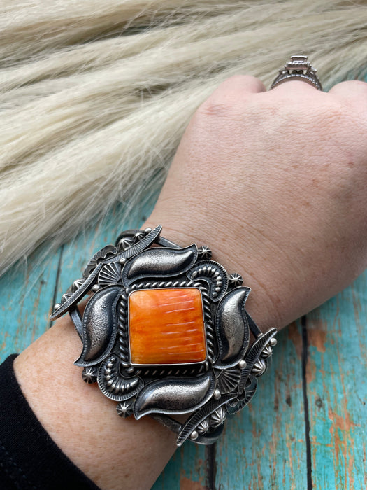 Navajo Orange Spiny Sterling Silver Cuff Bracelet Signed Kevin Billah