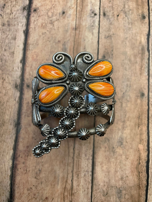 Navajo Sterling Silver And Orange Spiny Dragonfly Cuff Bracelet By K Billah