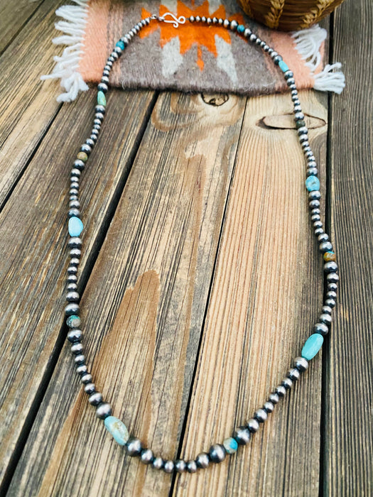 Handmade Sterling Silver & Turquoise Beaded Necklace 24”