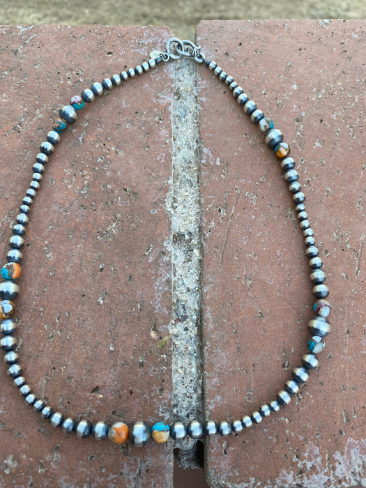 Navajo Turquoise & Spiny Spice Sterling Silver Beaded Necklace 18 inch