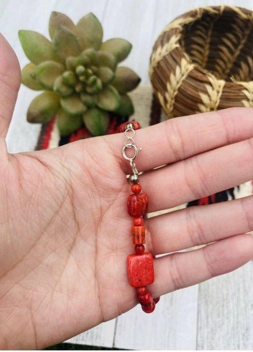 Navajo Apple Coral & Sterling Silver Beaded Bracelet