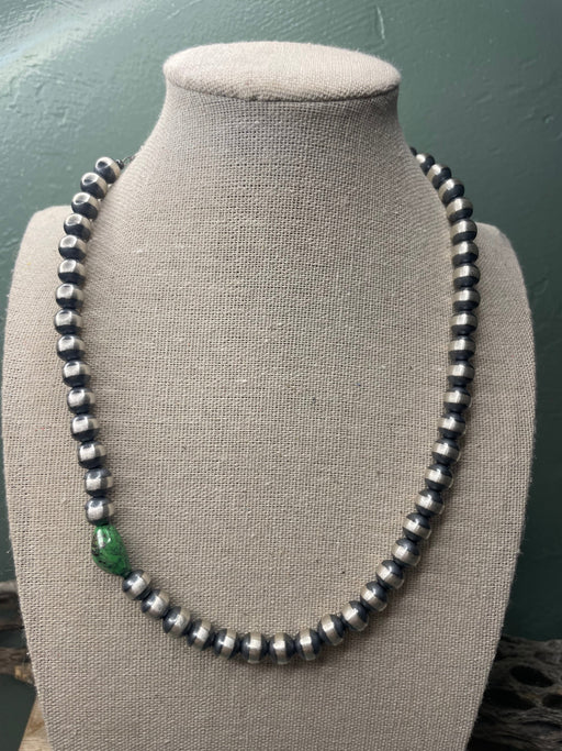 Navajo Sterling Silver Pearl 8mm Beaded Necklace With Turquoise Stone 18INCH - Culture Kraze Marketplace.com