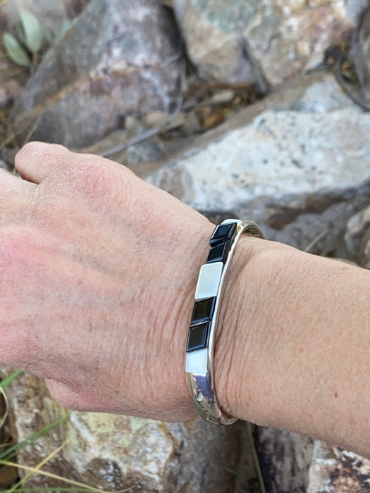 Navajo Onyx, Opal & Sterling Silver Inlay Cuff Bracelet