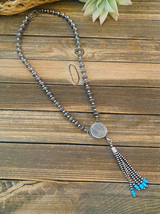 Navajo Turquoise & Sterling Silver Pearl Beaded Coin Tassel Necklace - Culture Kraze Marketplace.com