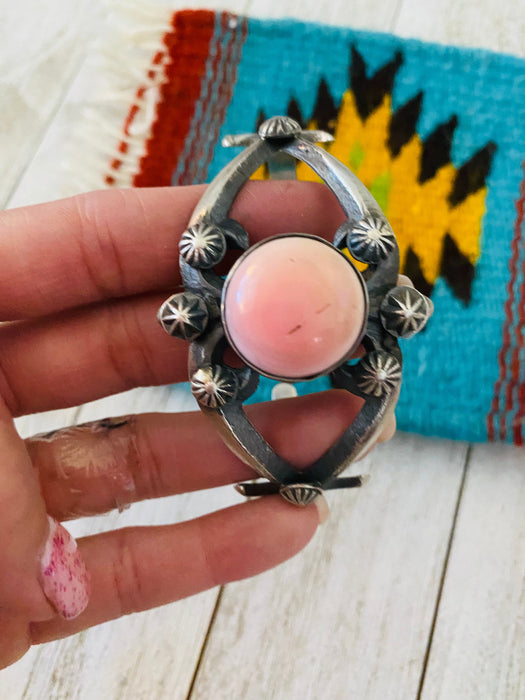 Navajo Queen Pink Conch Shell & Sterling Silver Cuff Bracelet By Chimney Butte