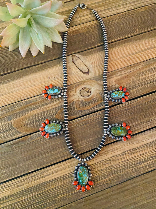 Navajo Sterling Kingman Turquoise & Natural Red Coral Necklace Taos Collection