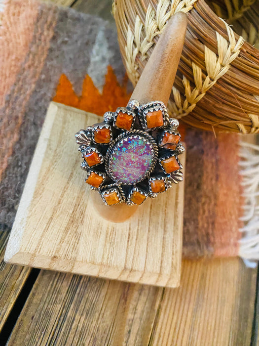 Handmade Sterling Silver, Orange Mojave & Opal Cluster Adjustable Ring - Culture Kraze Marketplace.com