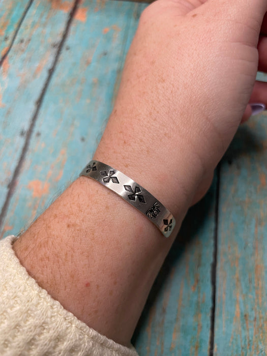 Navajo Hand Stamped Sterling Silver & Turquoise Cuff Bracelet Signed B Shorty